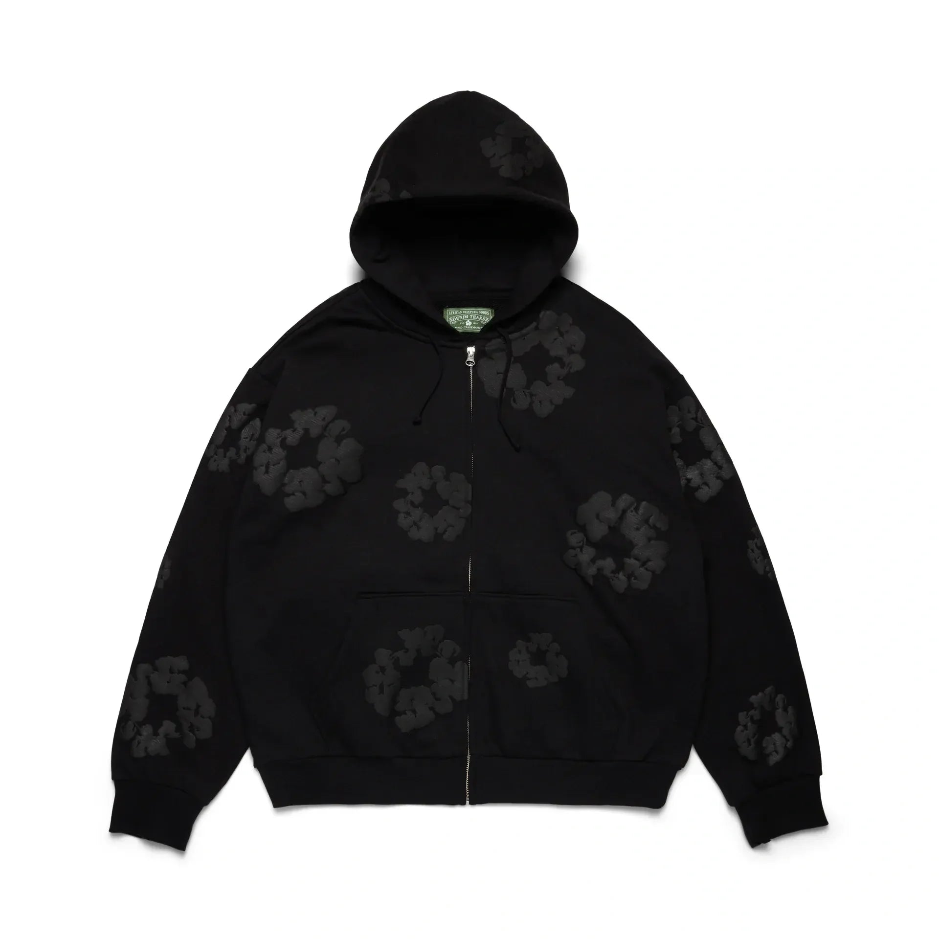 DENIM TEARS ブラックジップパーカー Black Denim Tears Hoodie | Mono Wreath Puff Print Zip-Up – VØVRS