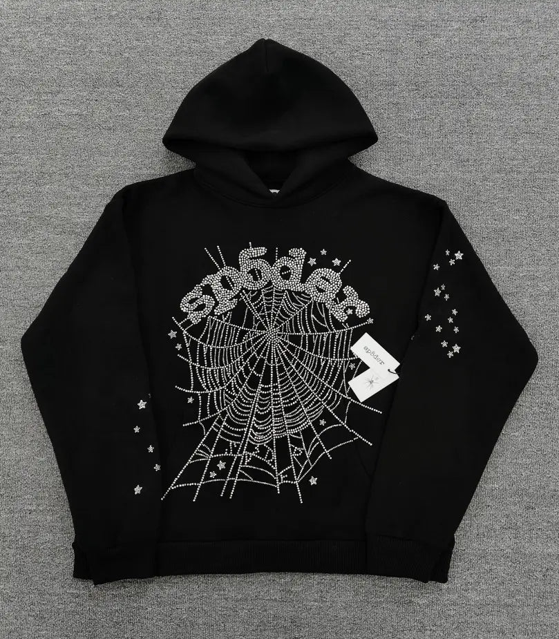 Sp5der Black Rhinestone Web Hoodie - 100% Cotton – VØVRS
