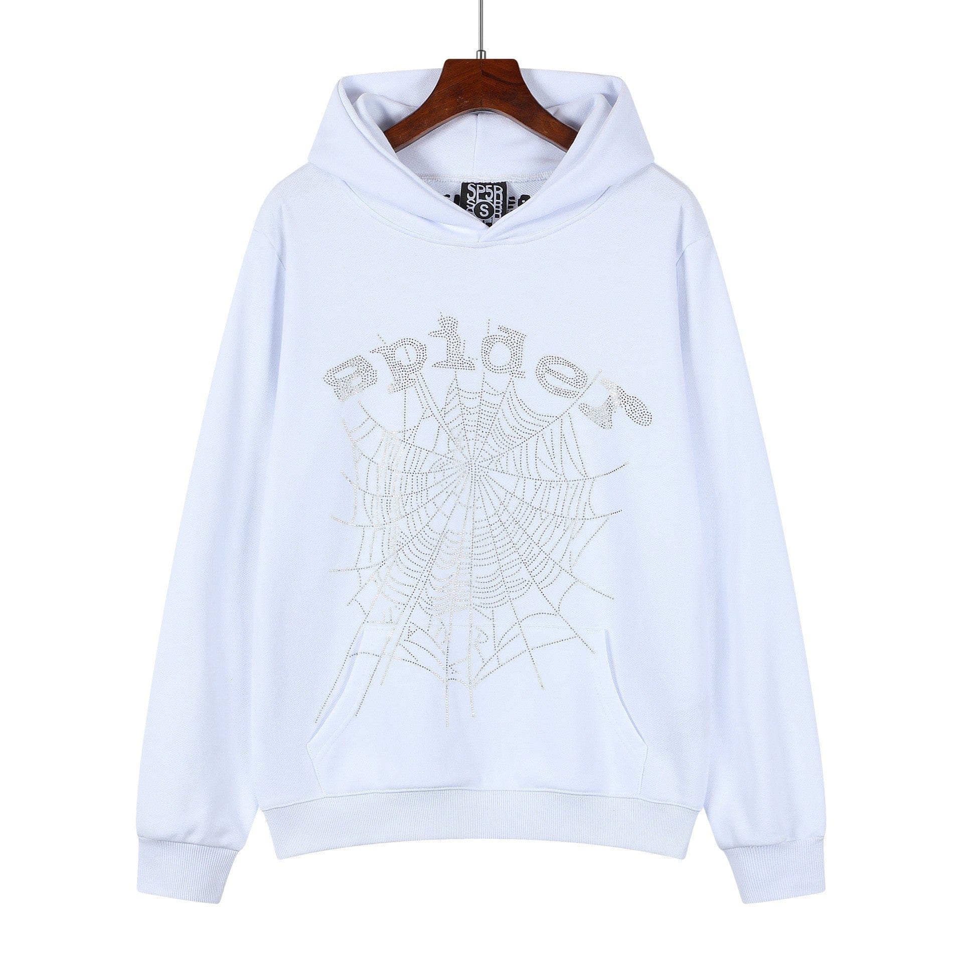 Sp5der “Crystal Web” Hoodie 440GSM – White Rhinestone Oversized