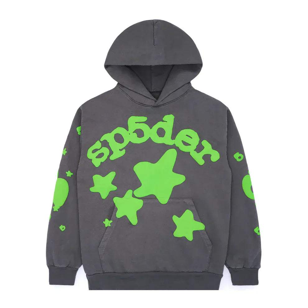 Sp5der Hoodie 440GSM – Grey & Neon Green Oversized Streetwear