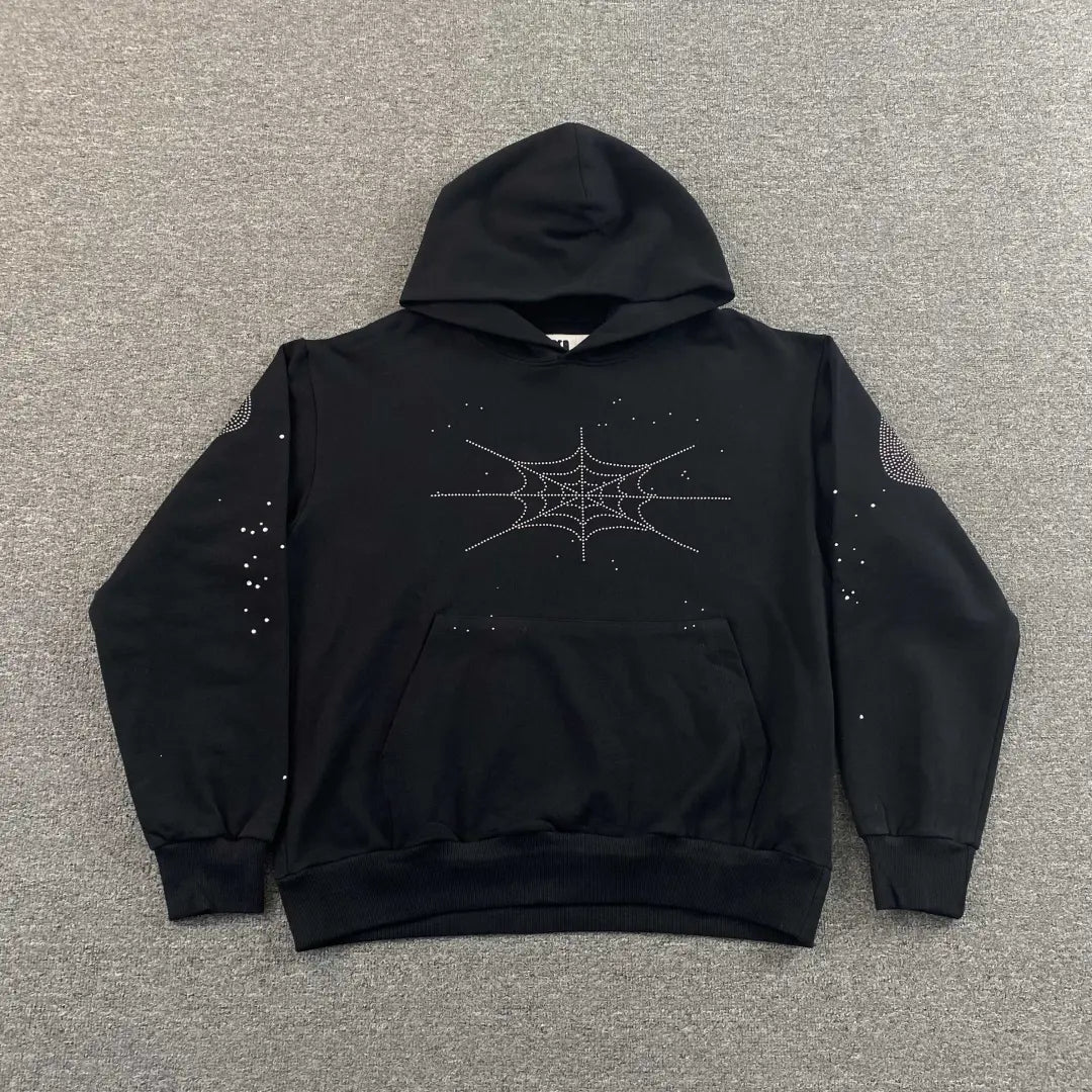 Black Rhinestone Hoodie | Sp5der Spiderweb Detail – VØVRS
