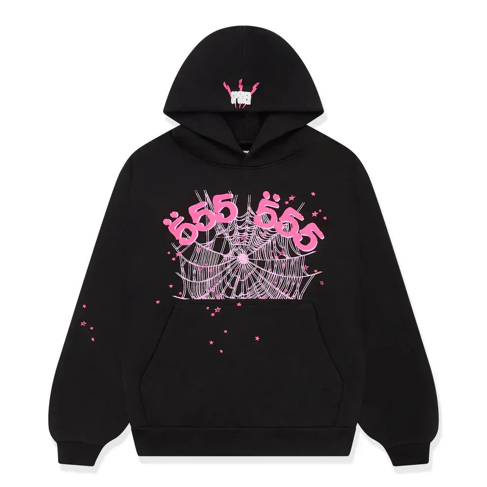 555 555 スパイダーウェブ パーカー ブラック Sp5der 555 Hoodie 440GSM – Black & Pink Heavyweight Streetwear