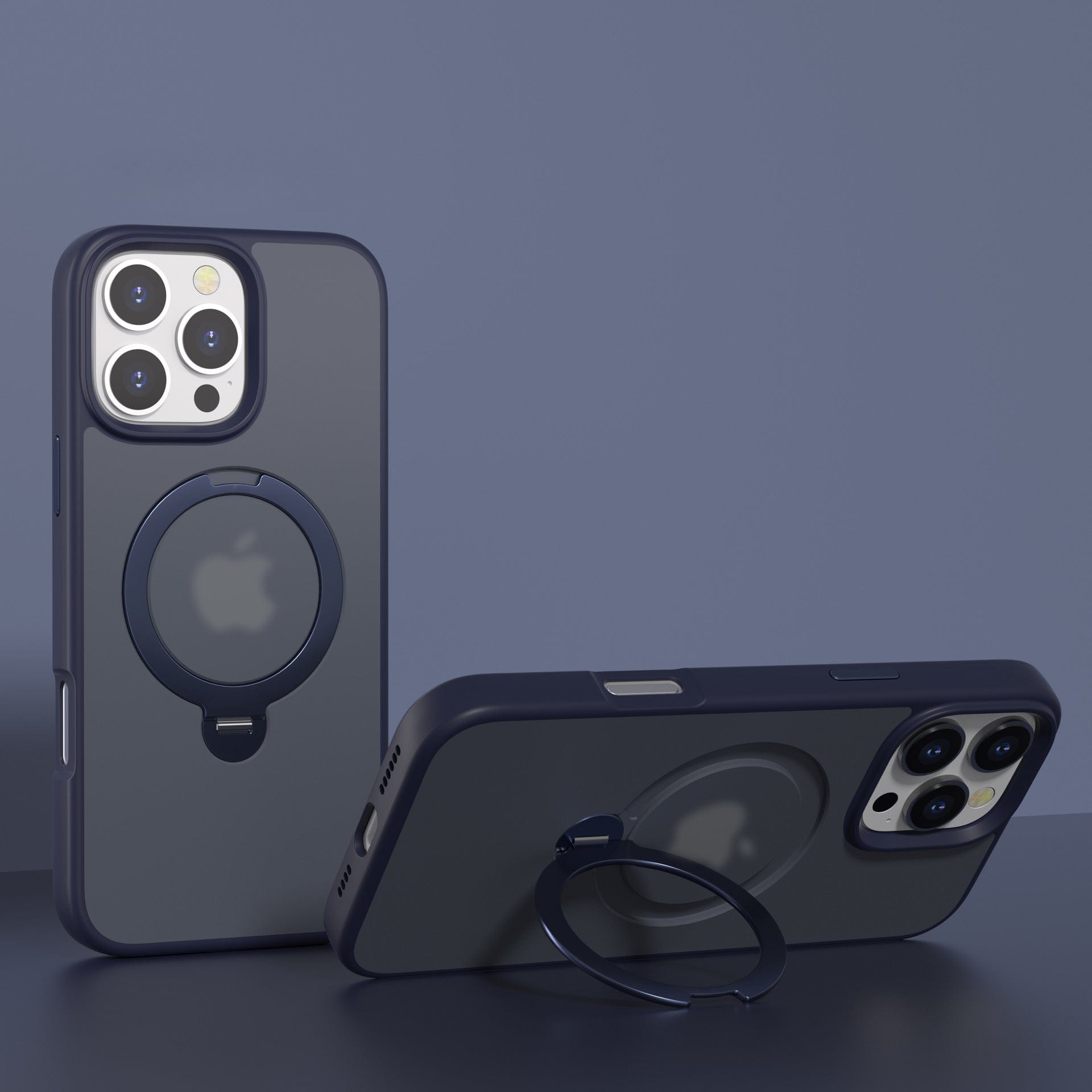 Two smartphones with dark blue cases are showcased—one positioned upright and the other flat. Each boasts a 360° rotating stand embellished with Apple logos, highlighting their seamless MagSafe compatibility for the new iPhone 16 Pro Max.
