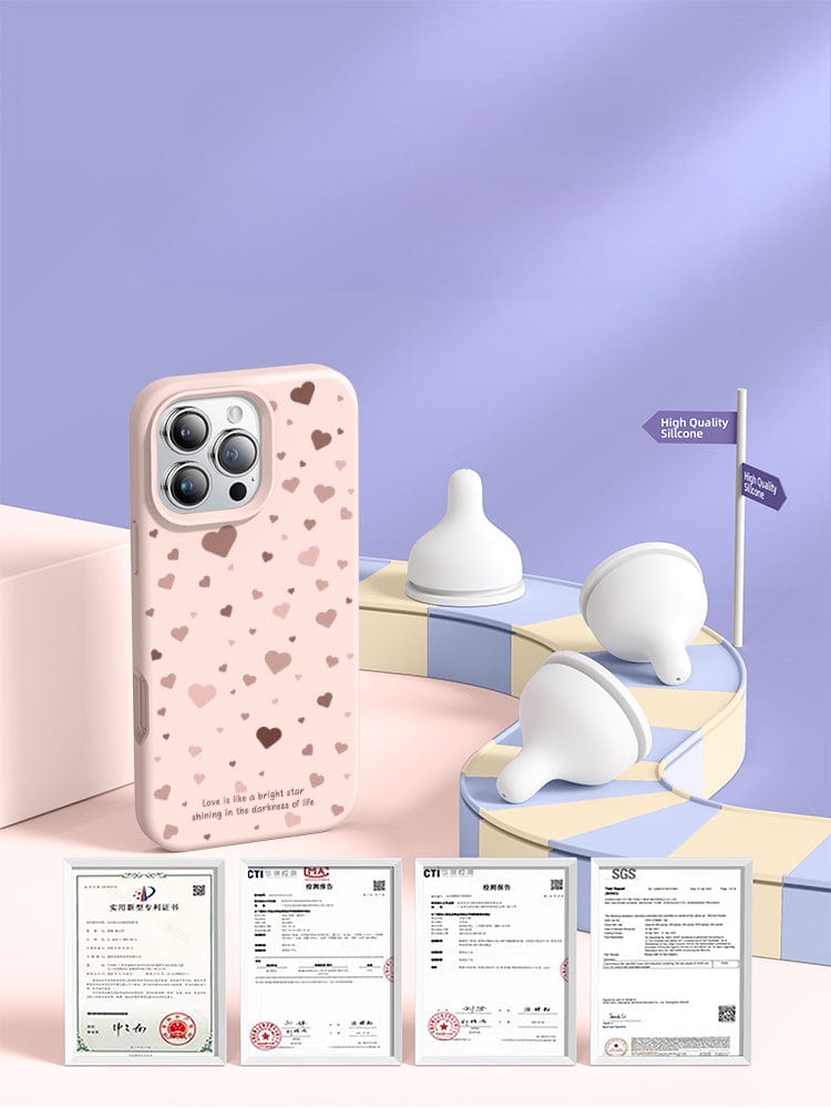 A dust-resistant iPhone 16 Pro Max Case - Soft Liquid Silicone Protective Cover with Shockproof Design and Anti-Fingerprint Coating, featuring a heart pattern, three food-grade silicone bottle nipples on a curved platform, and several certificates are displayed on a purple backdrop.