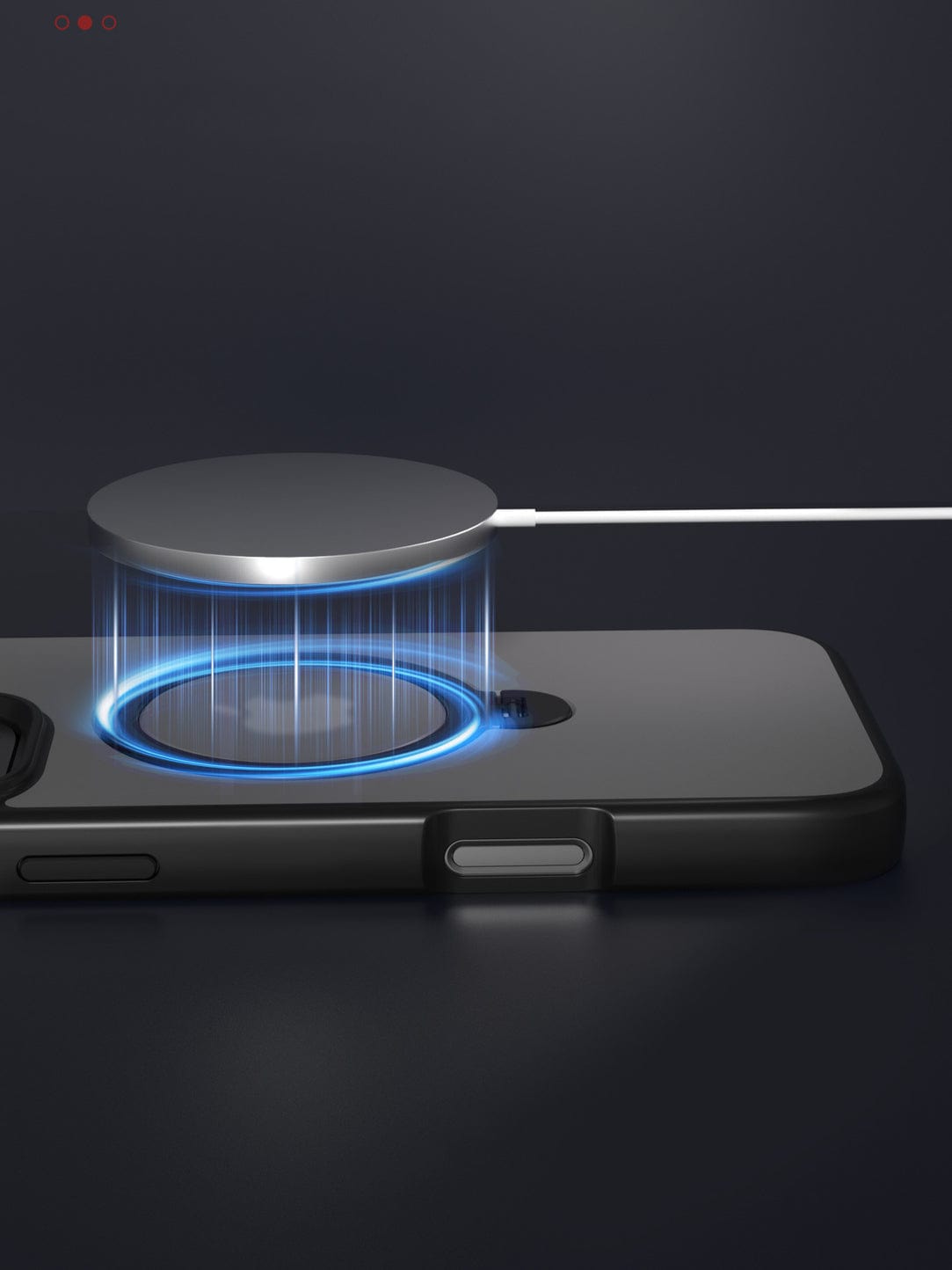 A round wireless charger, compatible with the MagSafe iPhone 16 Pro Max Case featuring a 360° rotating stand and N52 magnetic absorption, emits blue light as it hovers above a smartphone on a dark surface.