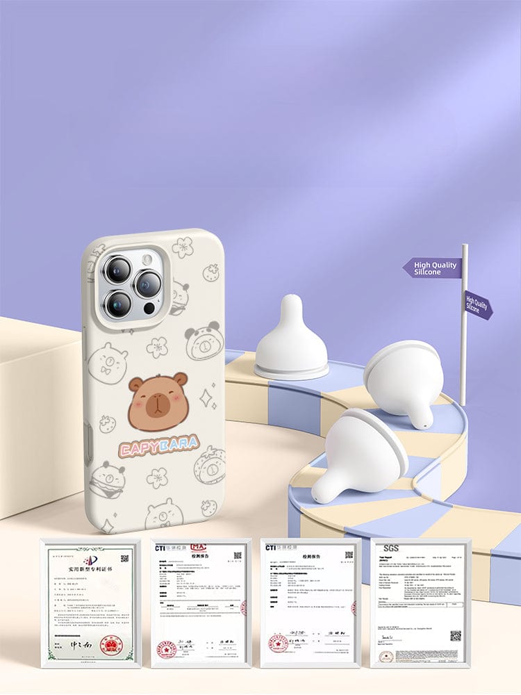 An iPhone 16 Pro Max Case - Cute Capybara Silicone Protective Cover, featuring a shockproof triple-layer design and anti-fingerprint coating, is displayed alongside three silicone baby bottle nipples and four certificates on a minimalist backdrop with soft, curved shapes and pastel colors, ensuring all-around protection.