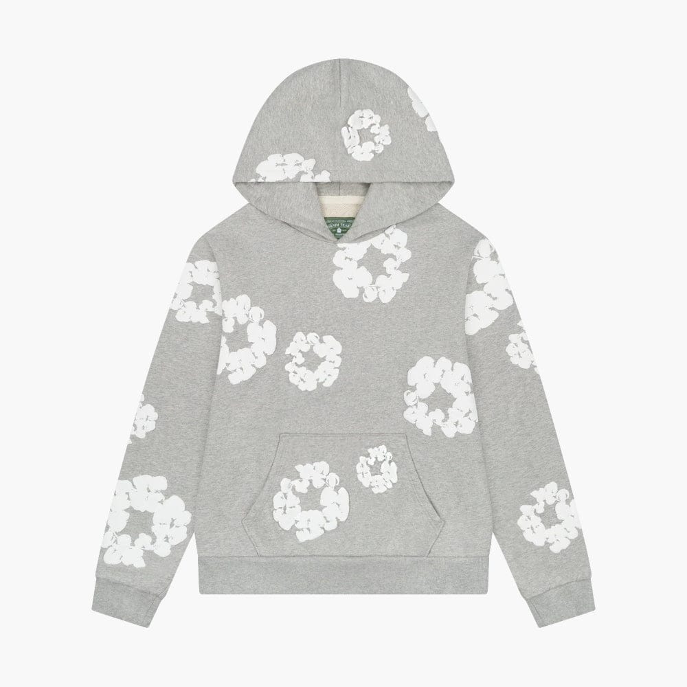 Gray “Cotton Wreath” Denim Tears Hoodie – White Floral Print Streetwear Pullover