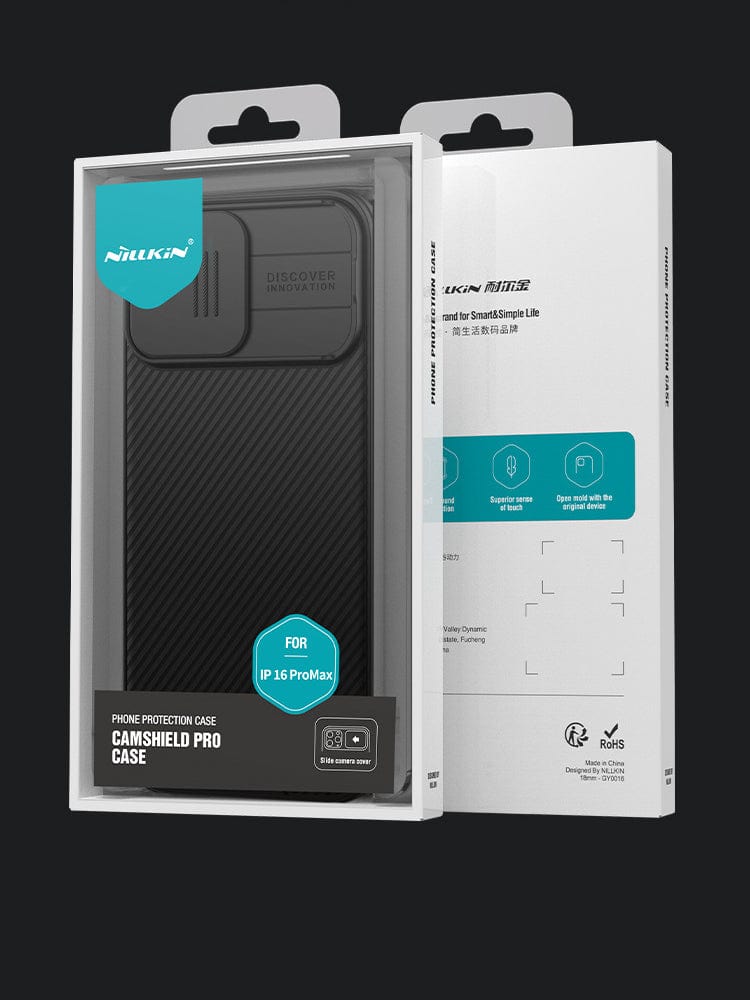A boxed black phone case labeled "iPhone 16 Pro Max Camera Slider Case | Anti-Scratch, Shockproof & Slim Fit Protection" by Nillkin. The packaging highlights features like TPU + PC dual-layer protection and camera slider protection, and includes certification logos.