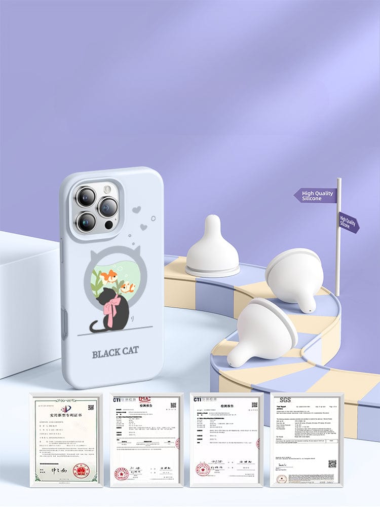 A smartphone with an iPhone 16 Pro Max Black Cat Case - Liquid Silicone, Shockproof, Slim Fit Protective Cover is displayed alongside three silicone baby bottle nipples. Below the items are four certificates of quality and compliance.