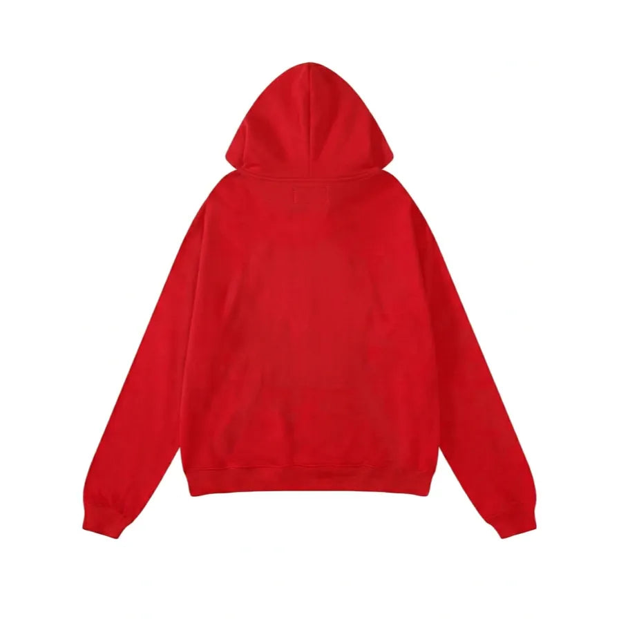 The Red 555 Sp5der Hoodie – 440GSM Heavyweight Sp5der 555 Web Oversized Pullover is shown with its back facing up against a white background, offering bold streetwear style.