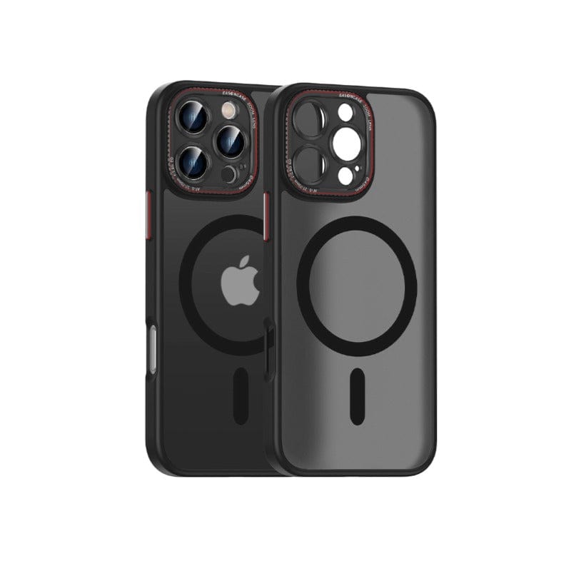 Two MagSafe Compatible iPhone 16 Pro Max cases in black, made from TPU+PC material with a matte finish, are displayed showing front and back views. The cases feature circular MagSafe outlines, precise cutouts for the camera and side buttons, and metal camera ring and buttons for additional durability.