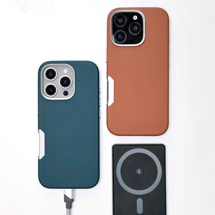 Two smartphones with camera arrays rest on a surface: one protected by an iPhone 16 Pro Max Leather Case featuring aluminum alloy buttons and a raised camera frame, connected to a charger, while the other sports a brown case. Nearby, a wireless charging pad emphasizes their MagSafe compatibility.