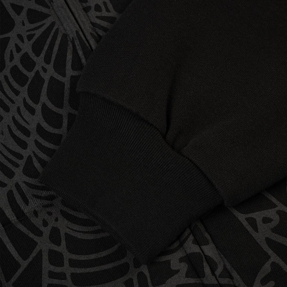 Sp5der Tonal Web Zip Hoodie – Black 440GSM Heavyweight Streetwear