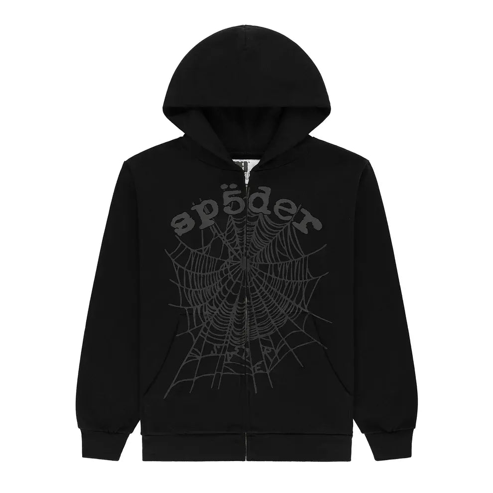Sp5der Tonal Web Zip Hoodie – Black 440GSM Heavyweight Streetwear