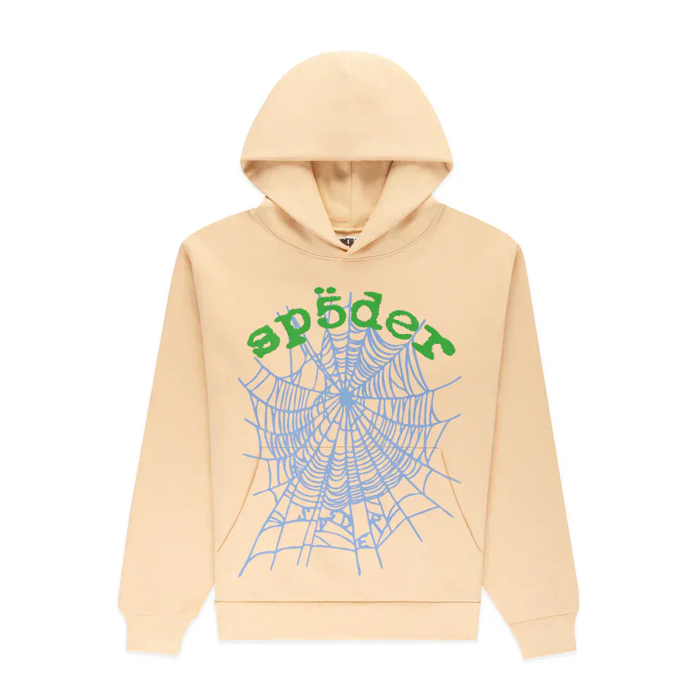 Sp5der “Sky Web” Hoodie – Cream / Blue / Green 440GSM Oversized Streetwear Pullover