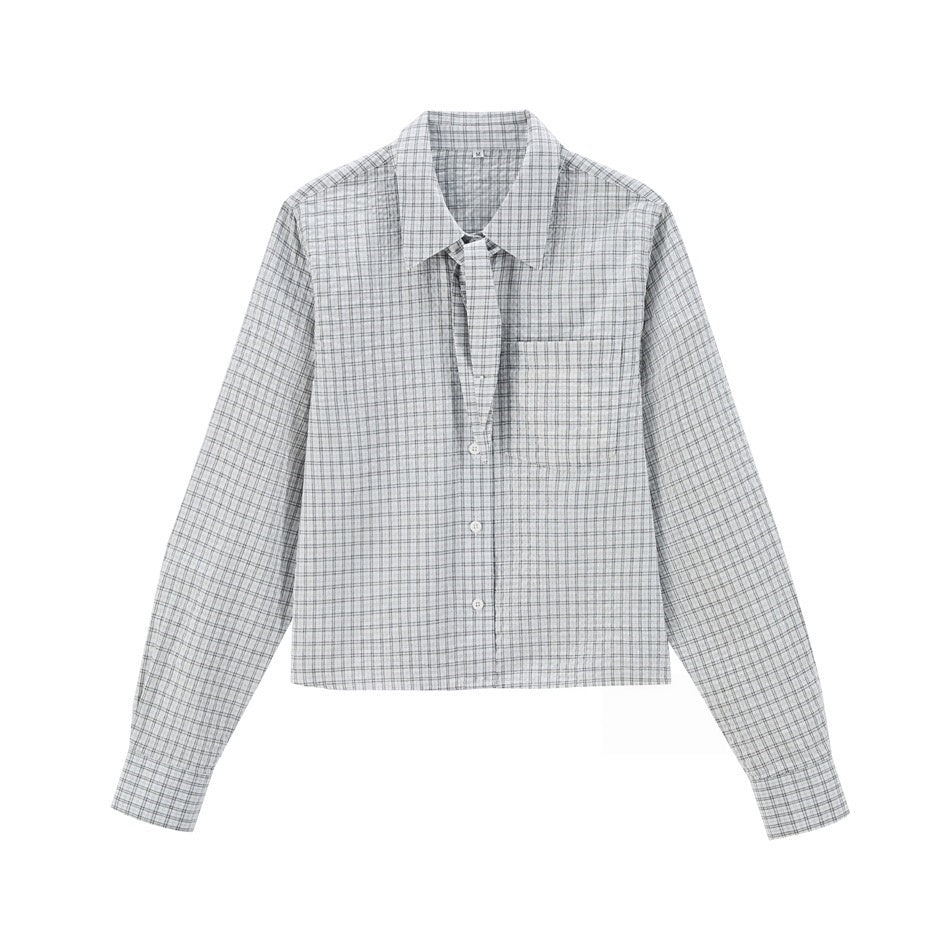 VØVRS Cropped Gray Check Long-Sleeve Button-Up Shirt