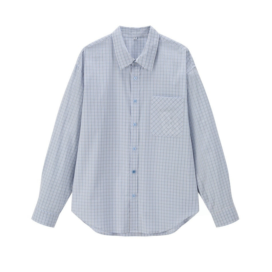 VØVRS Blue Long Sleeve Shirt with Small-Scale Plaid