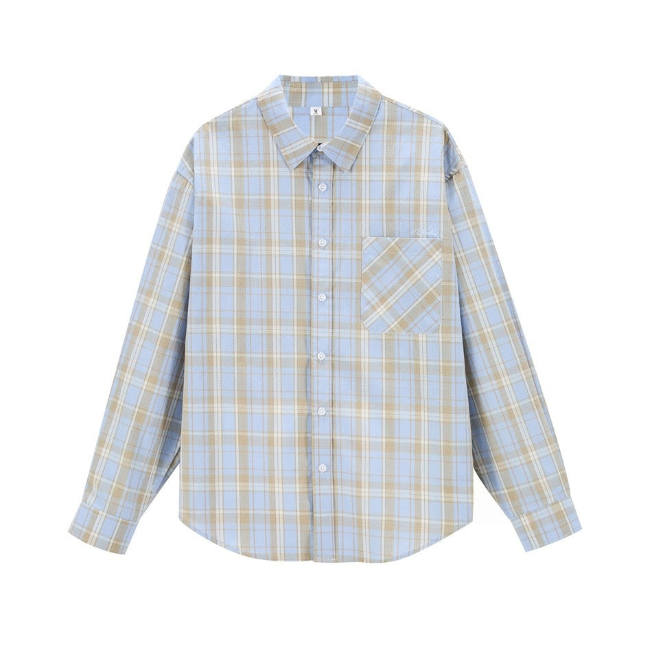 VØVRS Light Blue Long Sleeve Shirt, Cotton Plaid Button-Front