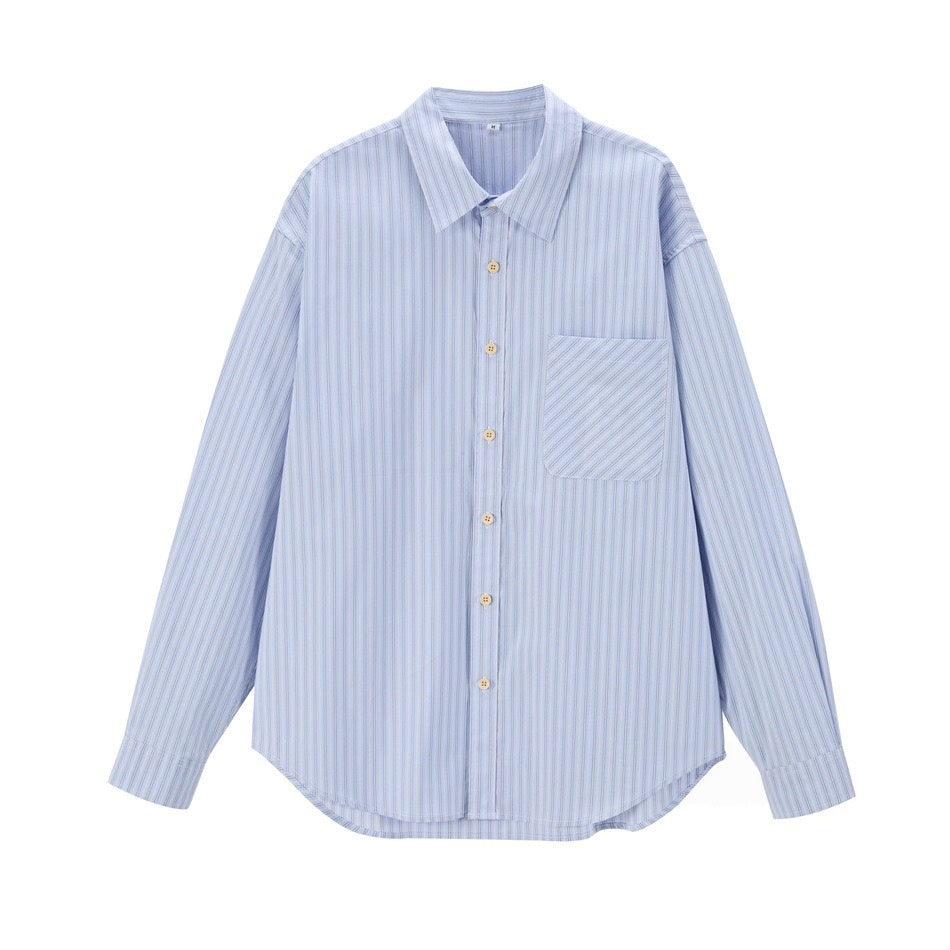 VØVRS Blue and White Striped Oversized Button-Up Shirt for Women