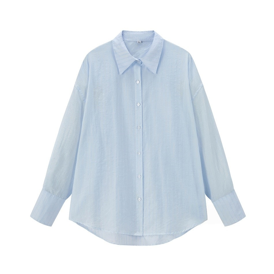 Women's Light Blue Button Up Shirt, Relaxed Long Sleeve