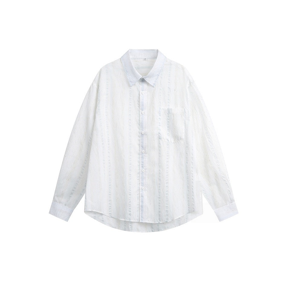White Long Sleeve Button Up Shirt with Chest Pocket and Curved Hem