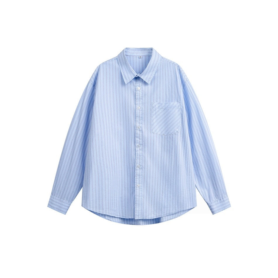 VØVRS Striped Long Sleeve Shirt in Light Blue with Chest Patch Pocket