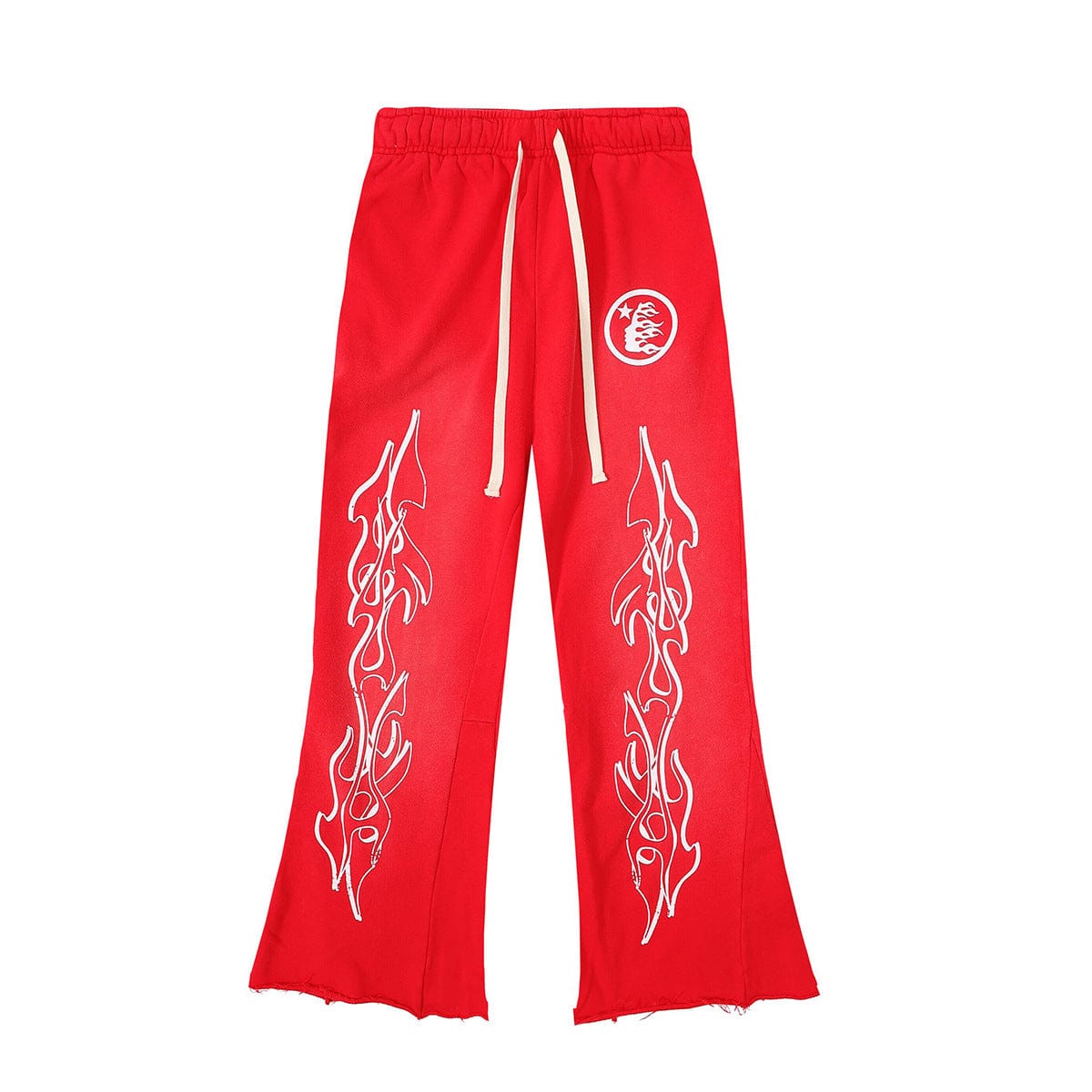 Hellstar Red Flame Graphic Flare Sweatpants with Circle Star Logo feature white drawstrings, tribal flame graphics on both legs, a circular white logo on the left thigh, and a flared, unfinished hem for a bold streetwear look.