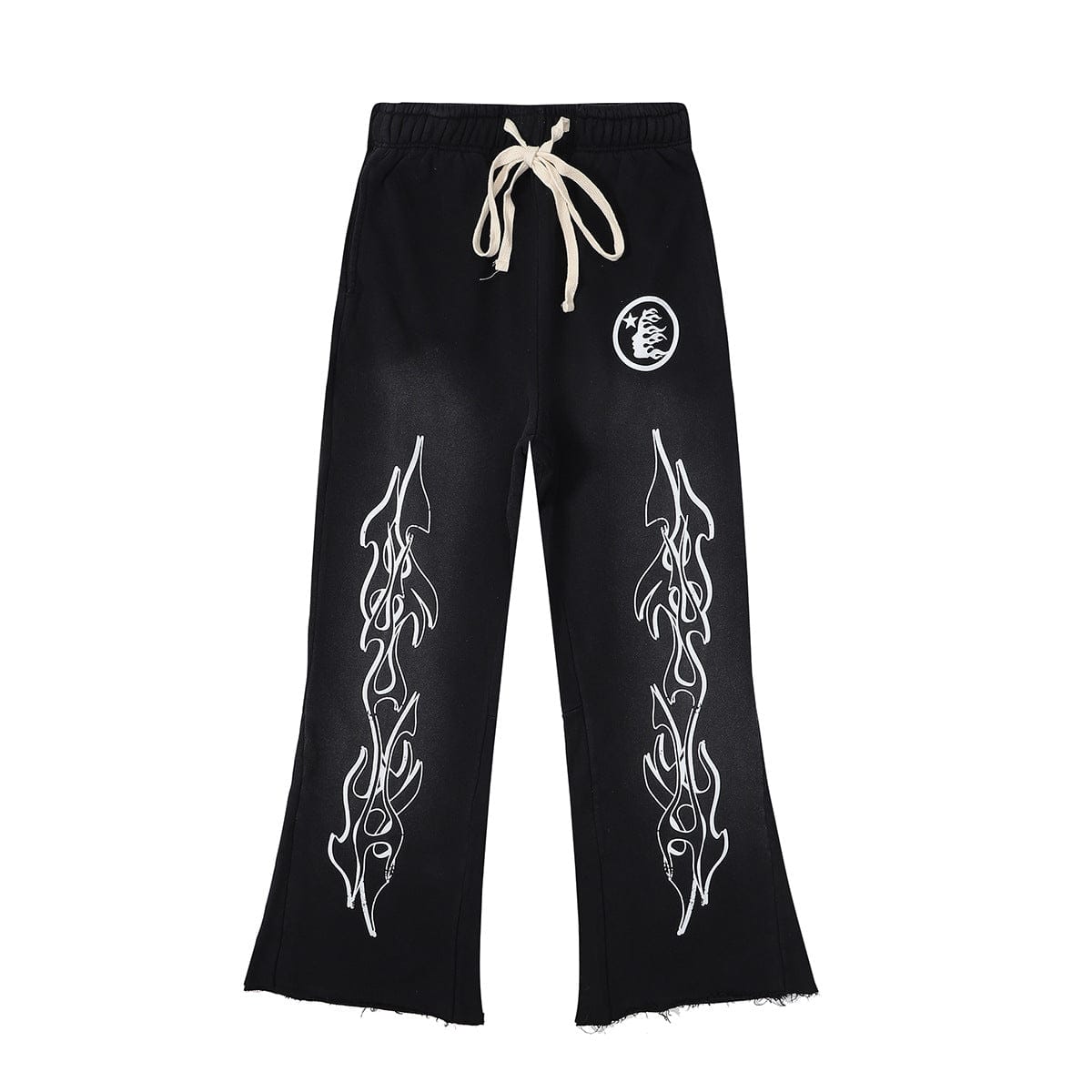 The Hellstar Washed Black Double Flame Graphic Flare Sweatpants feature white flame graphics on both legs, a white drawstring waist, frayed hems, and a white circular graphic on the right hip for bold streetwear appeal.