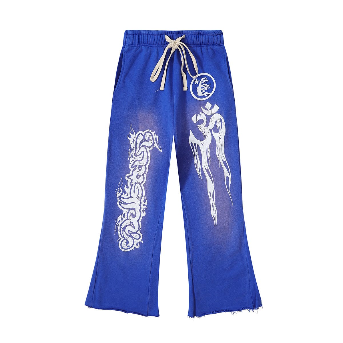 Hellstar Royal Blue Om Symbol Graffiti Flare Sweatpants feature wide legs, raw hems, and white streetwear-inspired graphic prints—a bold statement in modern style.