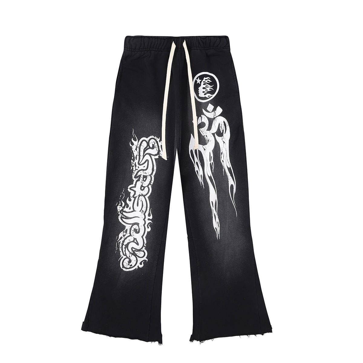 The Hellstar Washed Black Graffiti Flame Om Flare Sweatpants feature black flared legs with raw hems, white graffiti prints, and cream drawstrings—a bold streetwear essential.