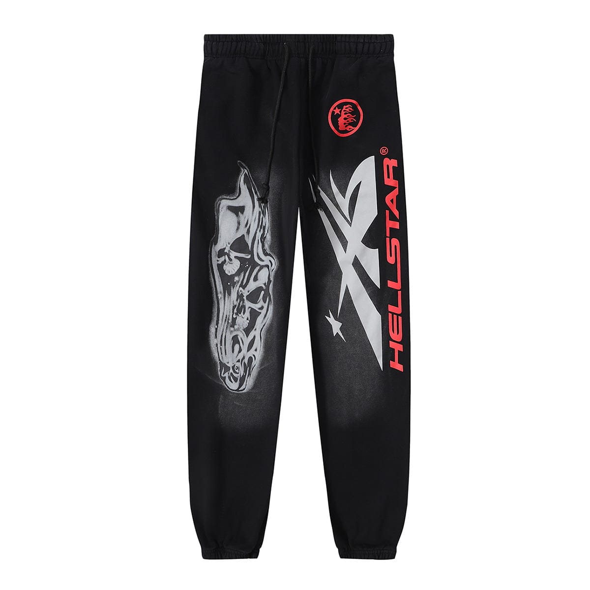 The Hellstar Black Skull Flame Graphic Sweatpants feature striking skull flame art on one leg and a bold red HELLSTAR logo on the other—perfect for underground streetwear enthusiasts.