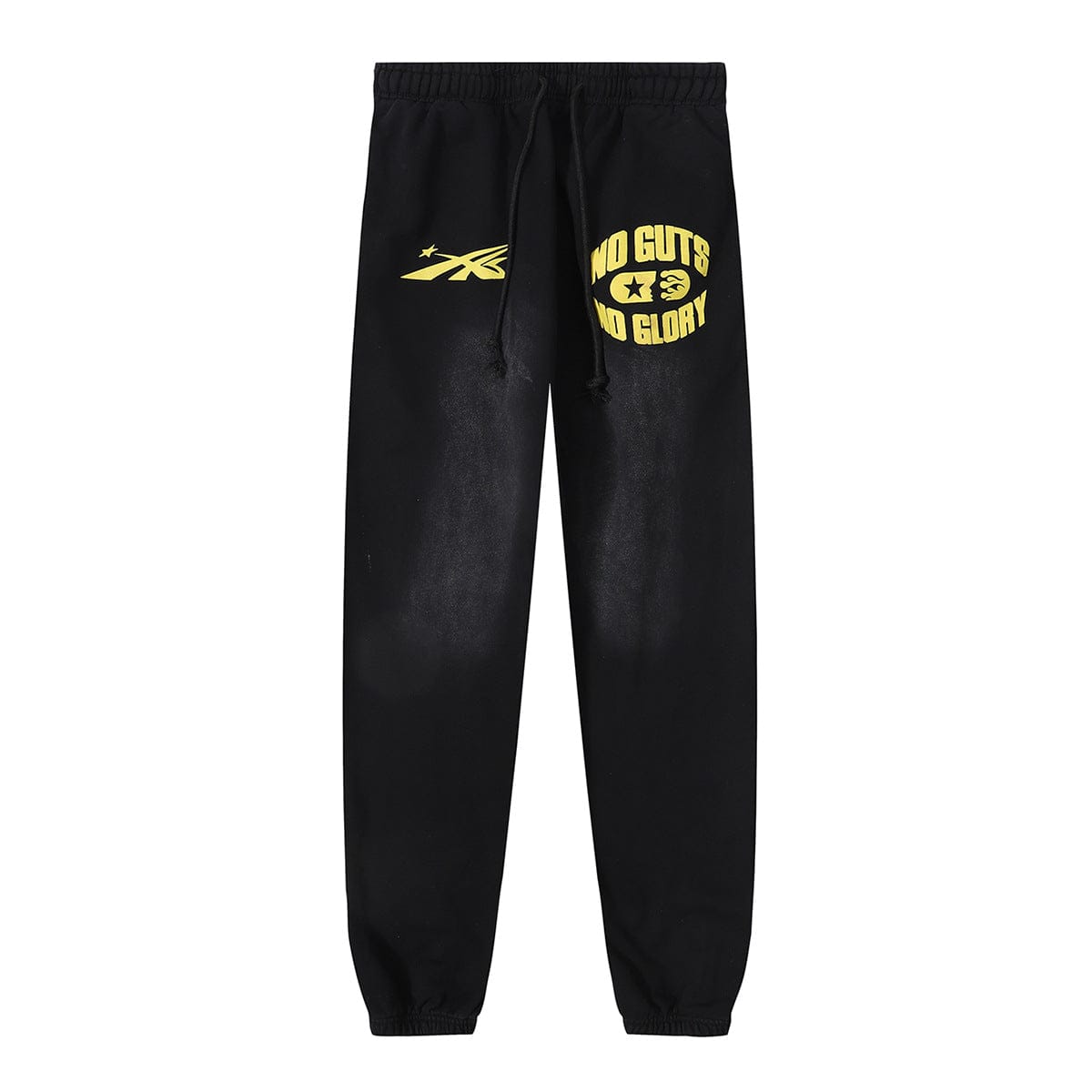 Hellstar 'No Guts No Glory' Washed Black Yellow Star Sweatpants in black feature a sun-bleached wash, elastic waist and cuffs, yellow "NO GUTS NO GLORY" text, and star graphics on the front.