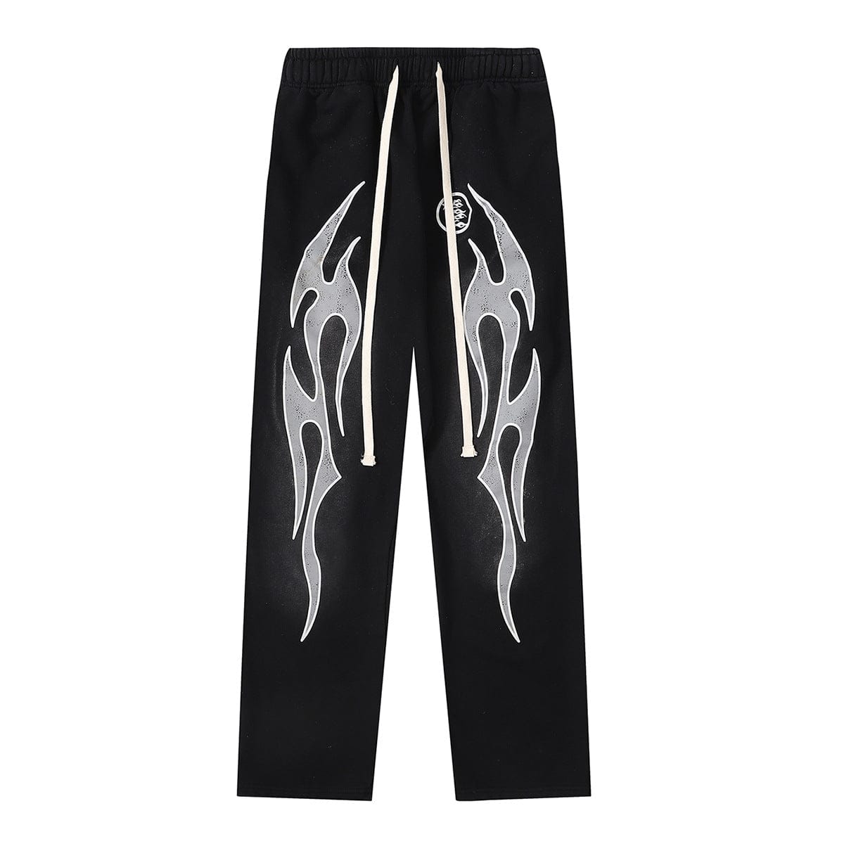 The Hellstar Black Silver Tribal Flame Wing Sweatpants feature a striking tribal flame wing print and a white waist drawstring, perfect for bold streetwear style.