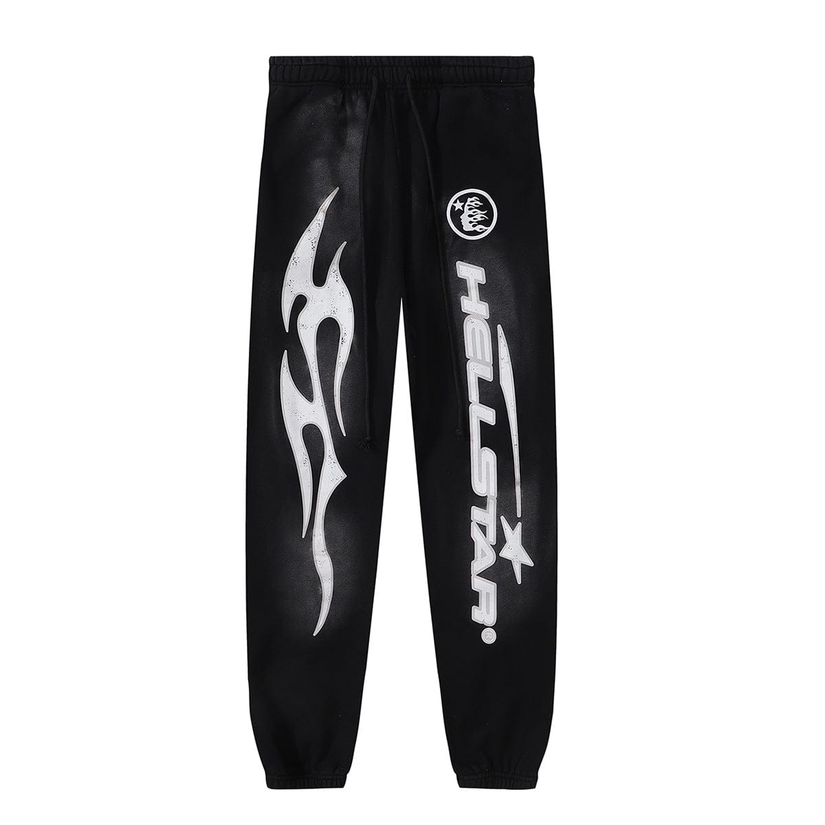 Hellstar Orange Tribal Flame Graphic Jogger Sweatpants in black feature a bold white tribal flame graphic on one leg and "HELLSTAR" text with a star and circle logo on the other, delivering standout style.