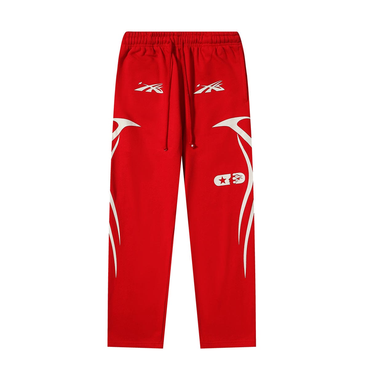 Hellstar Red Track Pants in red feature a cream tribal flame star print, white logos on the front, and an elastic waistband with drawstring closures—premium streetwear for your collection.