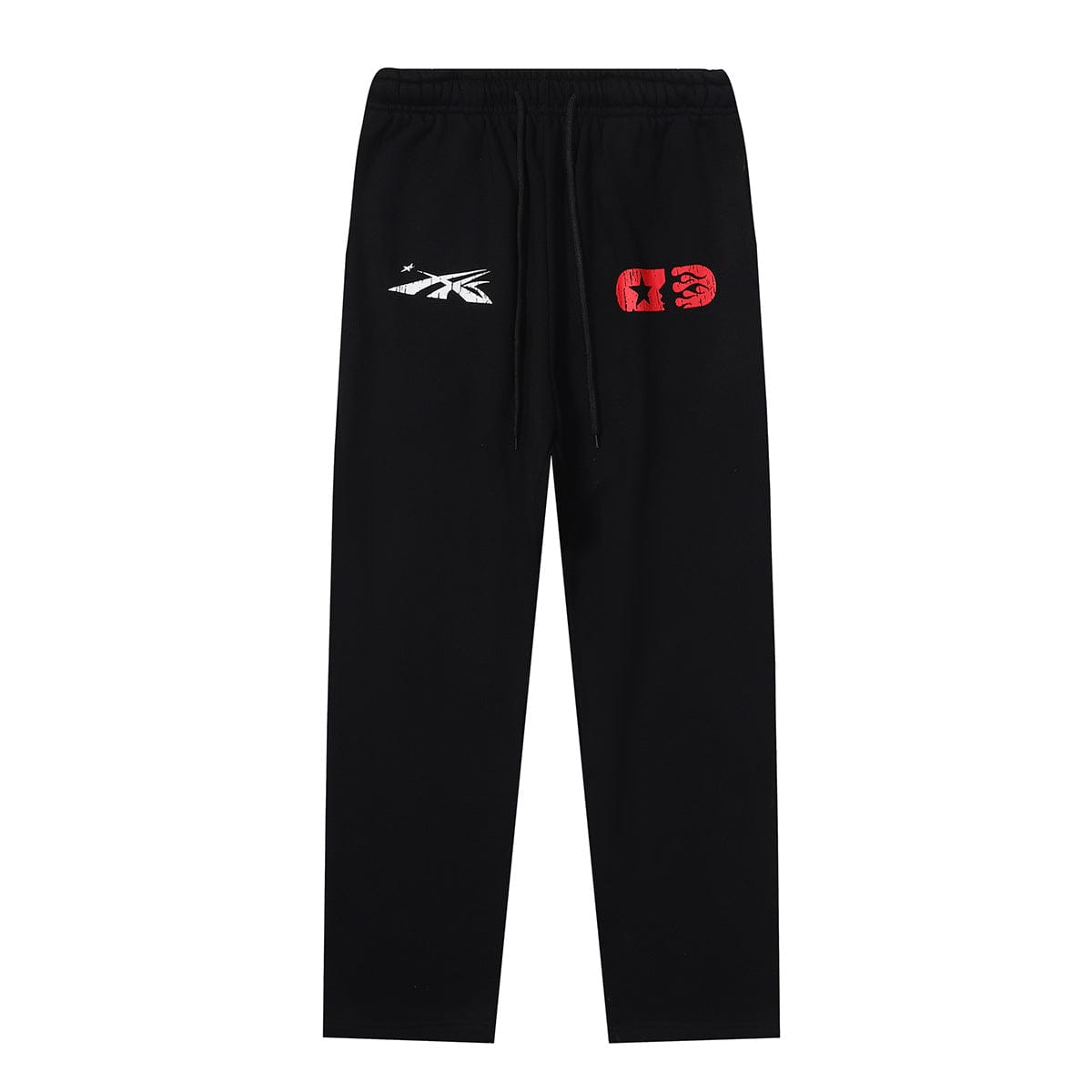 Hellstar Cream Off-White Black Lightning Red Star 69 Graphic Sweatpants in black with a drawstring waist, bold white graphic on the left thigh, and a red and white graphic print on the right thigh for standout style.