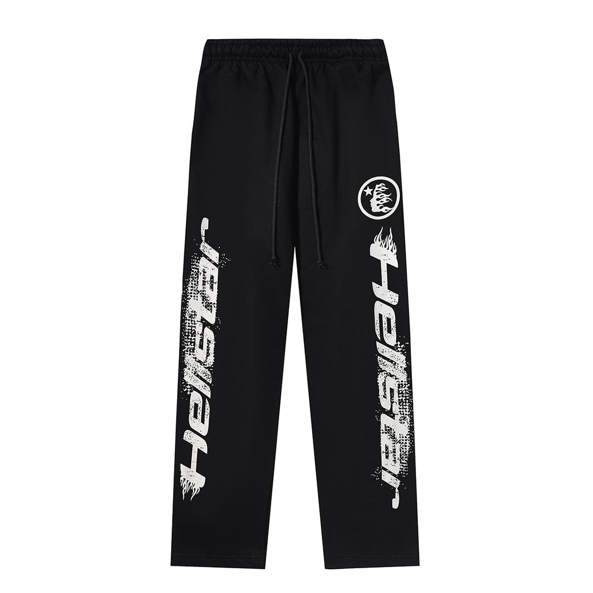 Black Hellstar sweatpants with a yellow flame vertical logo print, featuring an elastic waistband with drawstrings; streetwear style in black.