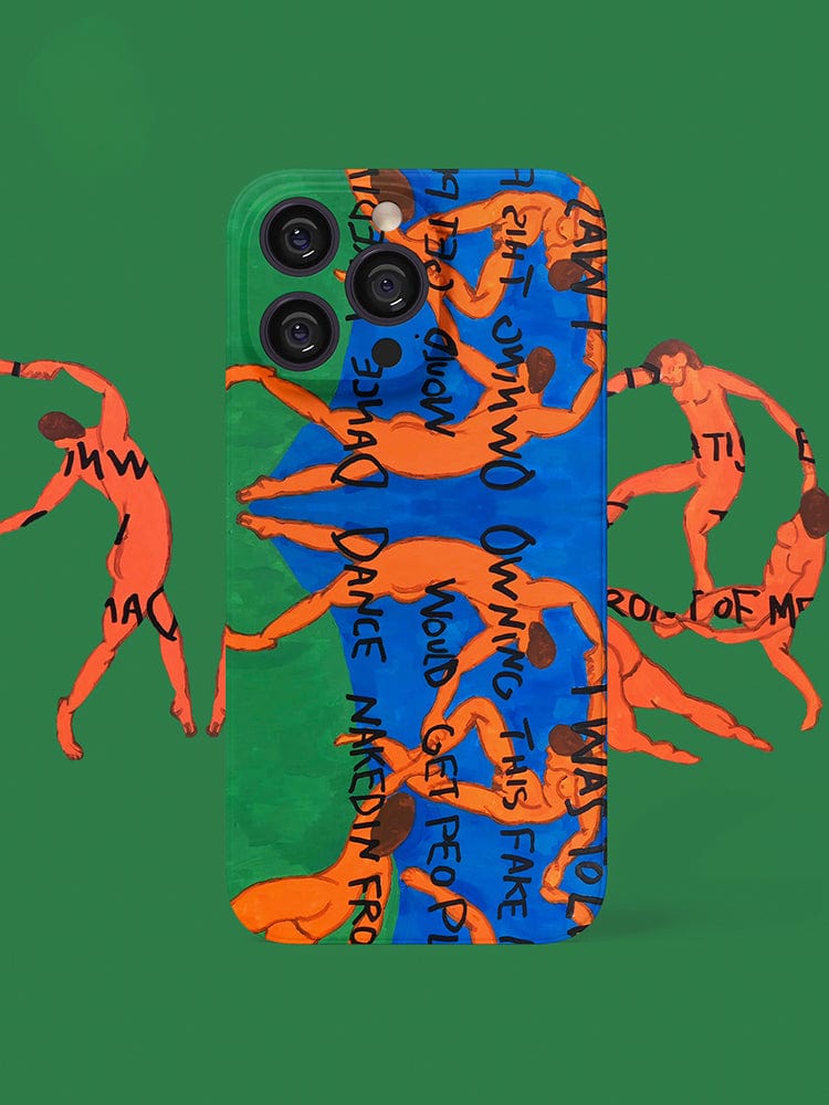 The Vibrant Art Dance iPhone 16 Pro Max Case - Bold Expression with Colorful Figures set against a green background showcases an abstract design in blue and green, highlighted by orange figures engaged in dance-like movements. The black text on the case reads: "OWNING THIS FAKE GUILT AND DANCE IN RETURN WOULD GET PEOPLE WHAT THEY WANT.