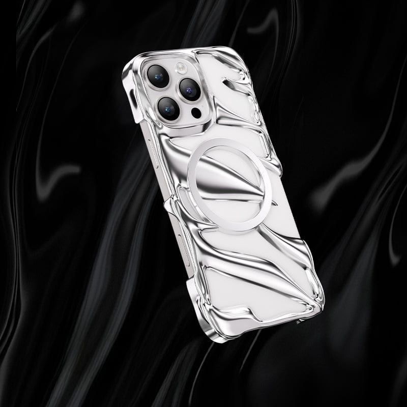 A silver phone is encased in the iPhone 16 Pro Max Liquid Metal Shockproof Case, featuring a glossy, sculpted design with a circular grip, set against a black, wavy background. This case boasts military-grade drop protection and ensures seamless MagSafe charging compatibility thanks to its N52 magnets and raised camera protection.