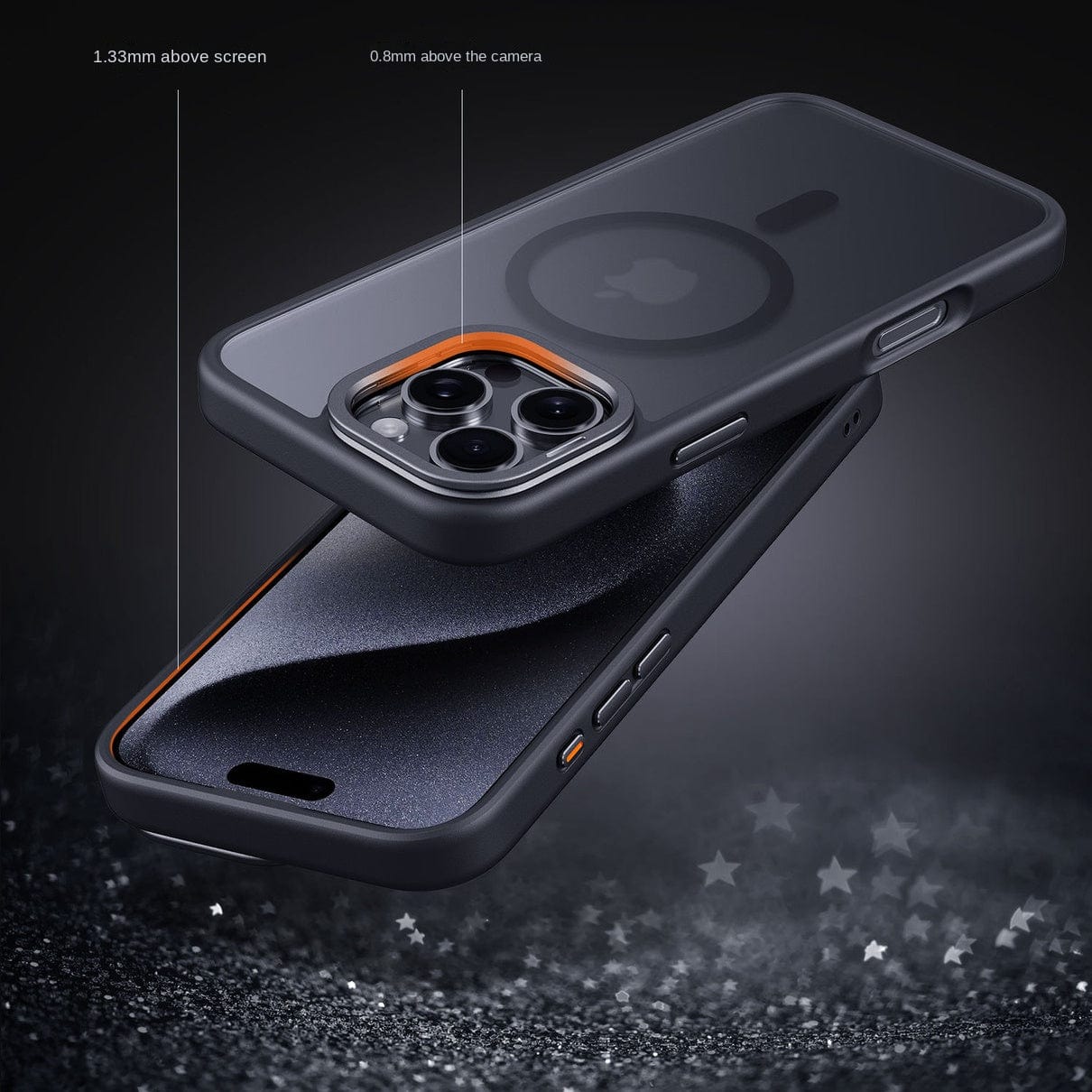 Image of a MagSafe iPhone 16 Pro Max Case with Invisible Stand, highlighted with measurements showing 1.33mm above the screen and 0.8mm above the camera for protection, encasing the smartphone in a sleek black protective cover made of TPU material and offering anti-scratch & drop protection.