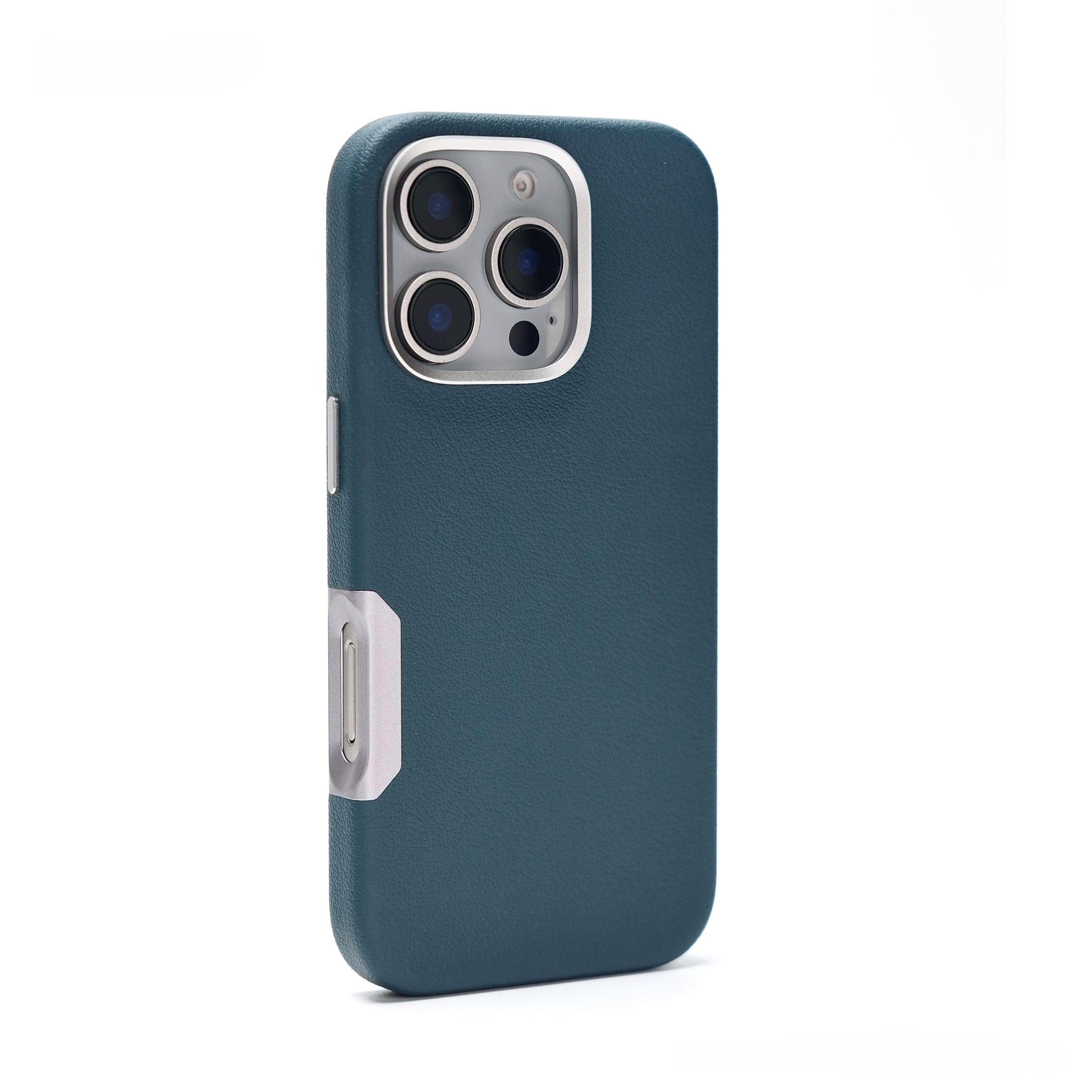 A smartphone featuring an iPhone 16 Pro Max leather case in green, complete with dual rear cameras, a smooth metallic side button made from electroplated aluminum alloy, and raised camera frame. Additionally, benefit from MagSafe compatibility for effortless charging and accessory attachment.