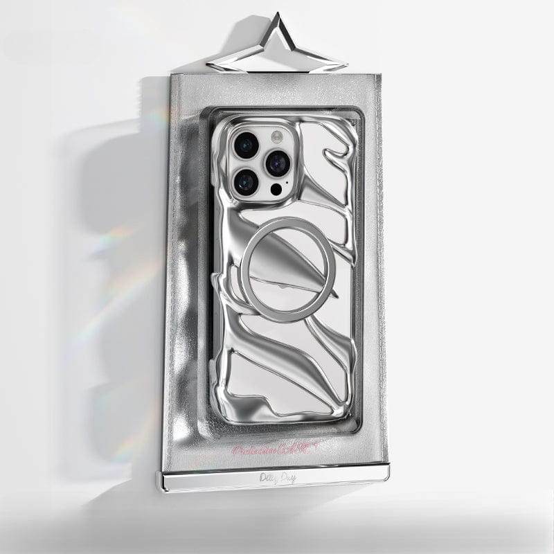 An iPhone 16 Pro Max Liquid Metal Shockproof Case, featuring a cutout design and offering military-grade drop protection, is showcased inside transparent packaging against a plain background.