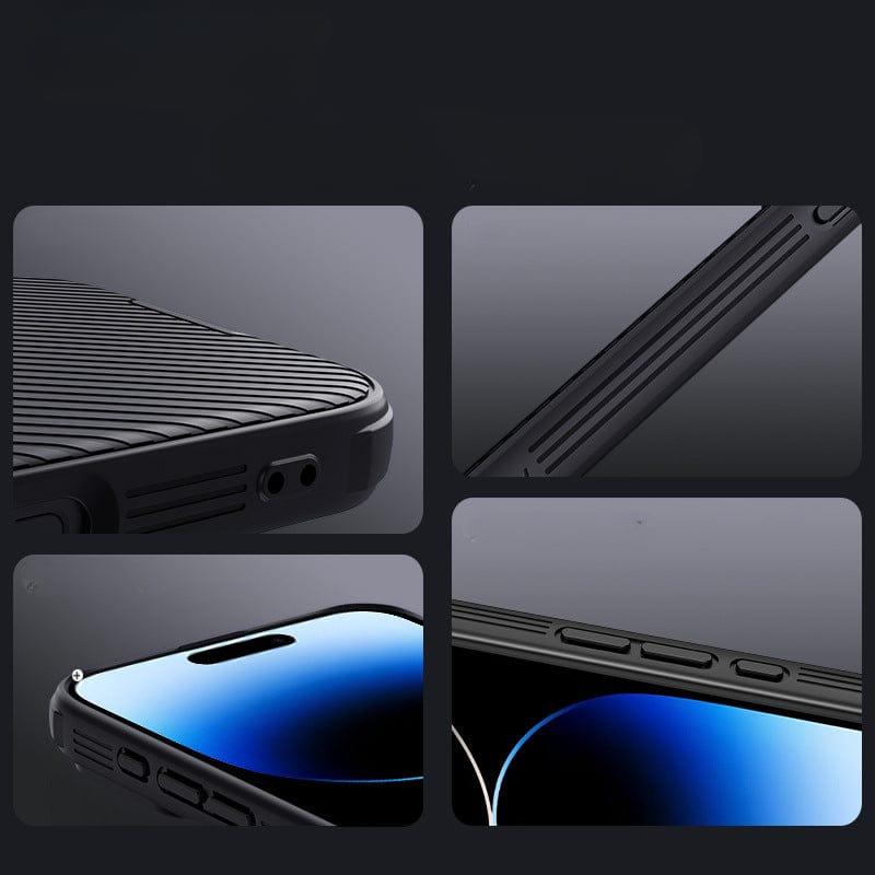 Collage of close-up images showing details of the iPhone 16 Pro Max Camera Slider Case fitted on a smartphone, highlighting the textured back, side buttons, camera cutout with camera slider protection, and bottom port.