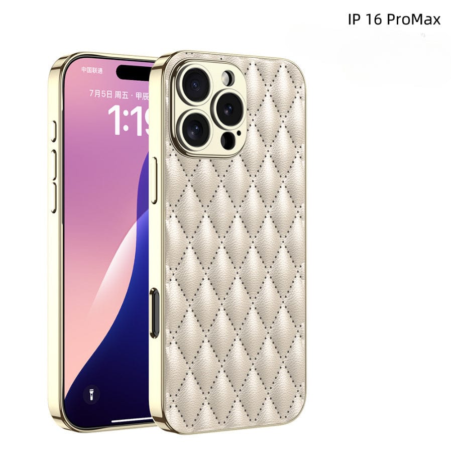 A smartphone with a quilted leather texture beige back cover and gold edges, displaying a pink gradient wallpaper showing the time 1:19 on the screen. Text on the top right corner reads "iPhone 16 Pro Max.