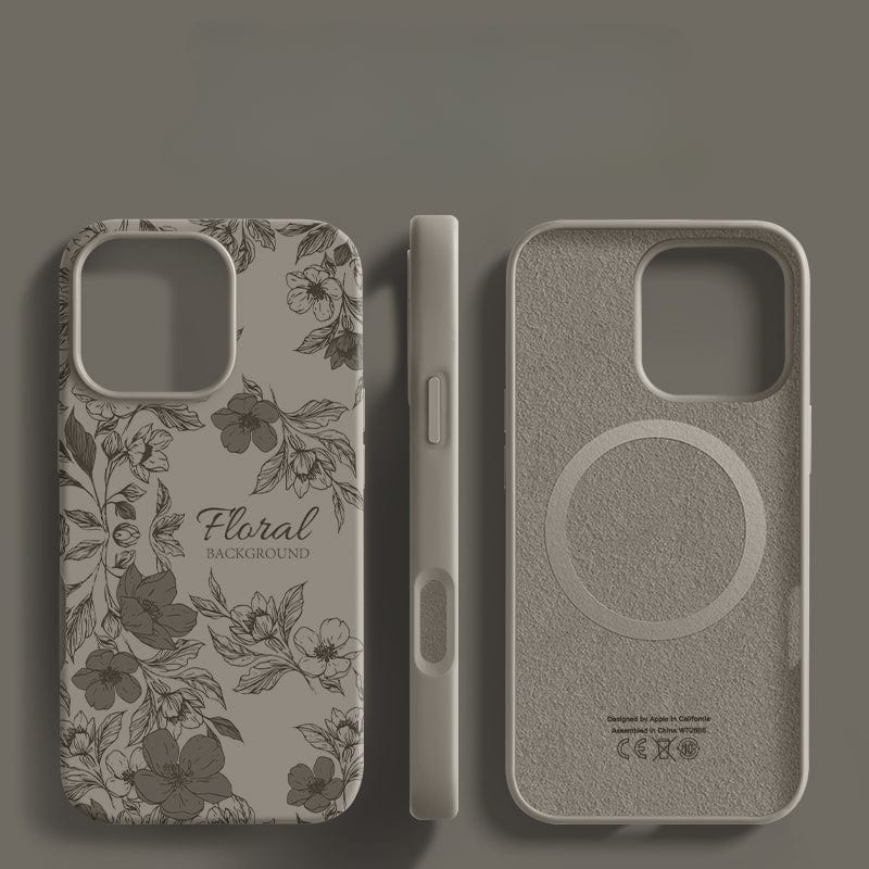 Three views of the iPhone 16 Pro Max Case - Floral Silicone Protective Cover with Shockproof Triple-Layer Design and Anti-Fingerprint Coating: front showcasing a vibrant floral pattern and "Floral Background" text, side illustrating precise button cutouts, and interior featuring a magnetic ring and technical details for 360° protection.