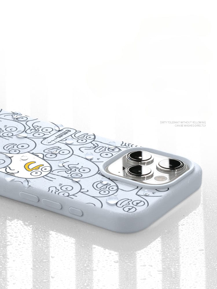 A close-up shot of the iPhone 16 Pro Max Case - Emm Duck Cartoon Silicone Protective Cover, featuring multiple Emm Duck cartoon faces and a dual-camera iPhone. The shockproof and anti-yellowing case offers full-coverage protection and is slightly wet, with small water droplets visible on its surface.