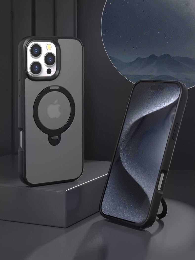 Two smartphones in protective cases are displayed: one stands upright with a wavy abstract wallpaper, while the other reveals its back, highlighting the camera array and circular mount. The iPhone 16 Pro Max case features MagSafe compatibility and provides enhanced security with its shockproof design and N52 magnetic absorption, featuring a slim fit and soft-touch finish along with a 360° rotating stand.