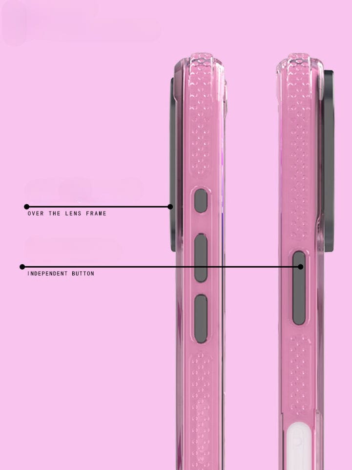 An iPhone 16 Pro Max encased in a translucent purple MagSafe case that features a circular design on the back and raised lens protection, photographed against a solid purple background.