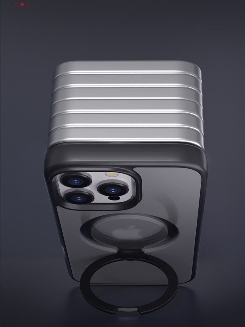 A collection of space gray iPhone 16 Pro Max cases arranged side by side, each demonstrating their camera lens features and emphasizing their MagSafe compatibility.