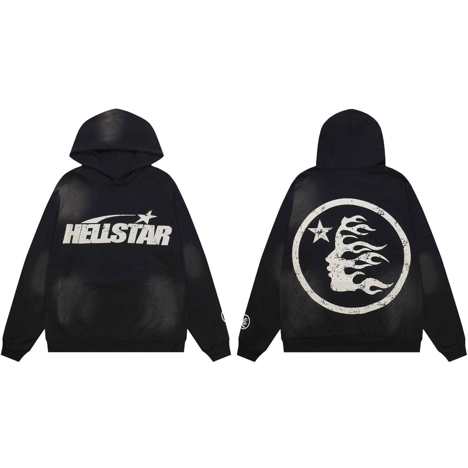 The Hellstar Washed Black Flame Face Circle Graphic Hoodie in black features "HELLSTAR" text and star on the front, a flaming head and star circle graphic on the back, and a bold vintage acid-wash finish.